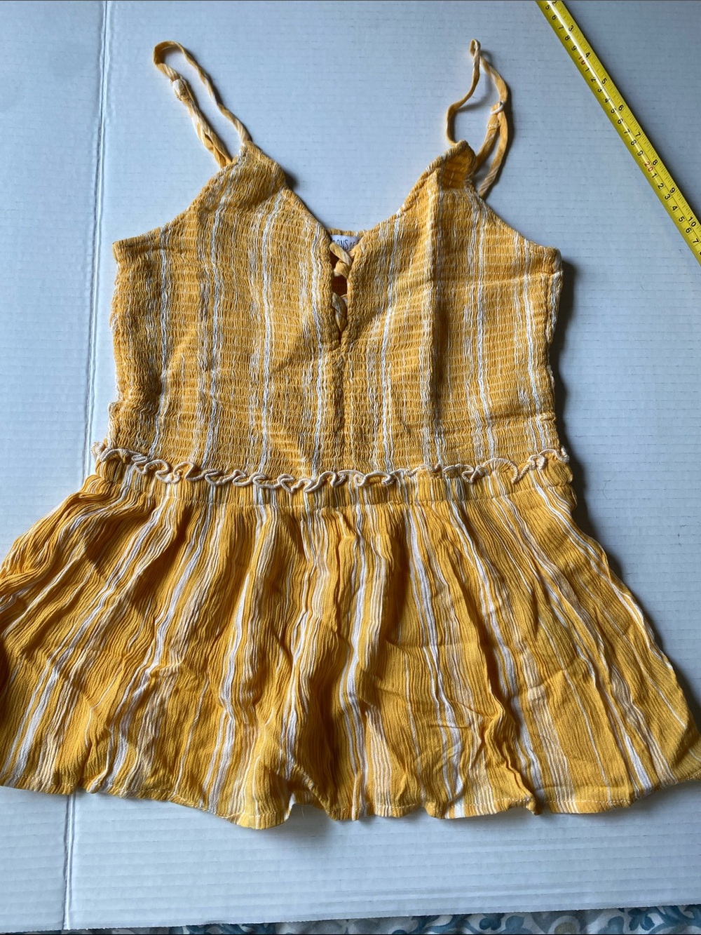 Patrons of Peace Yellow & White Striped top with Ruffled Hem